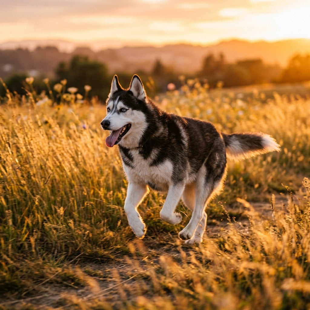 Husky moving through a field at golden hour