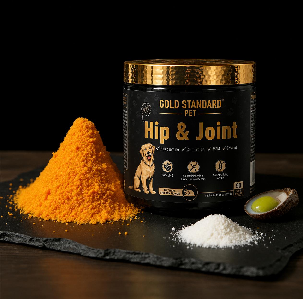 Gold Standard Pet Hip and Joint formula ingredients with product jar