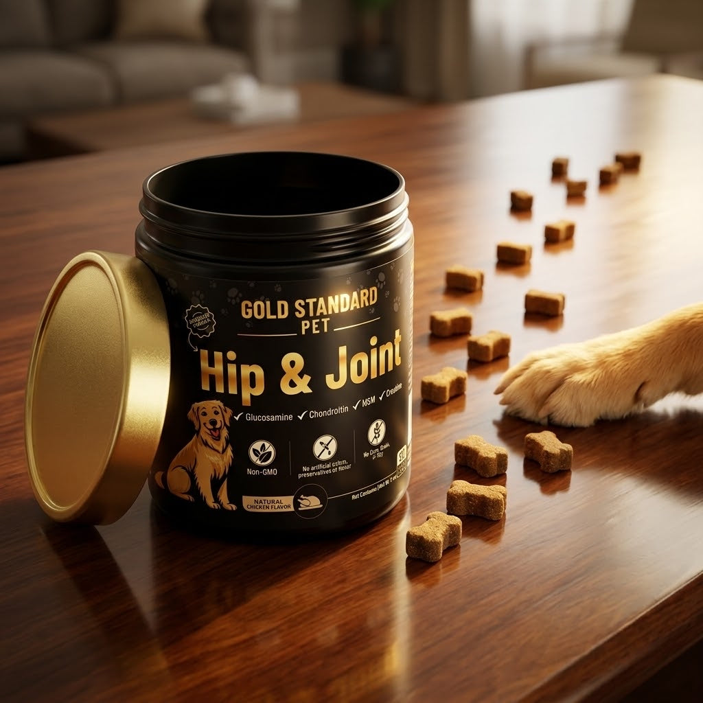 Gold Standard Pet jar and chews beside a dog