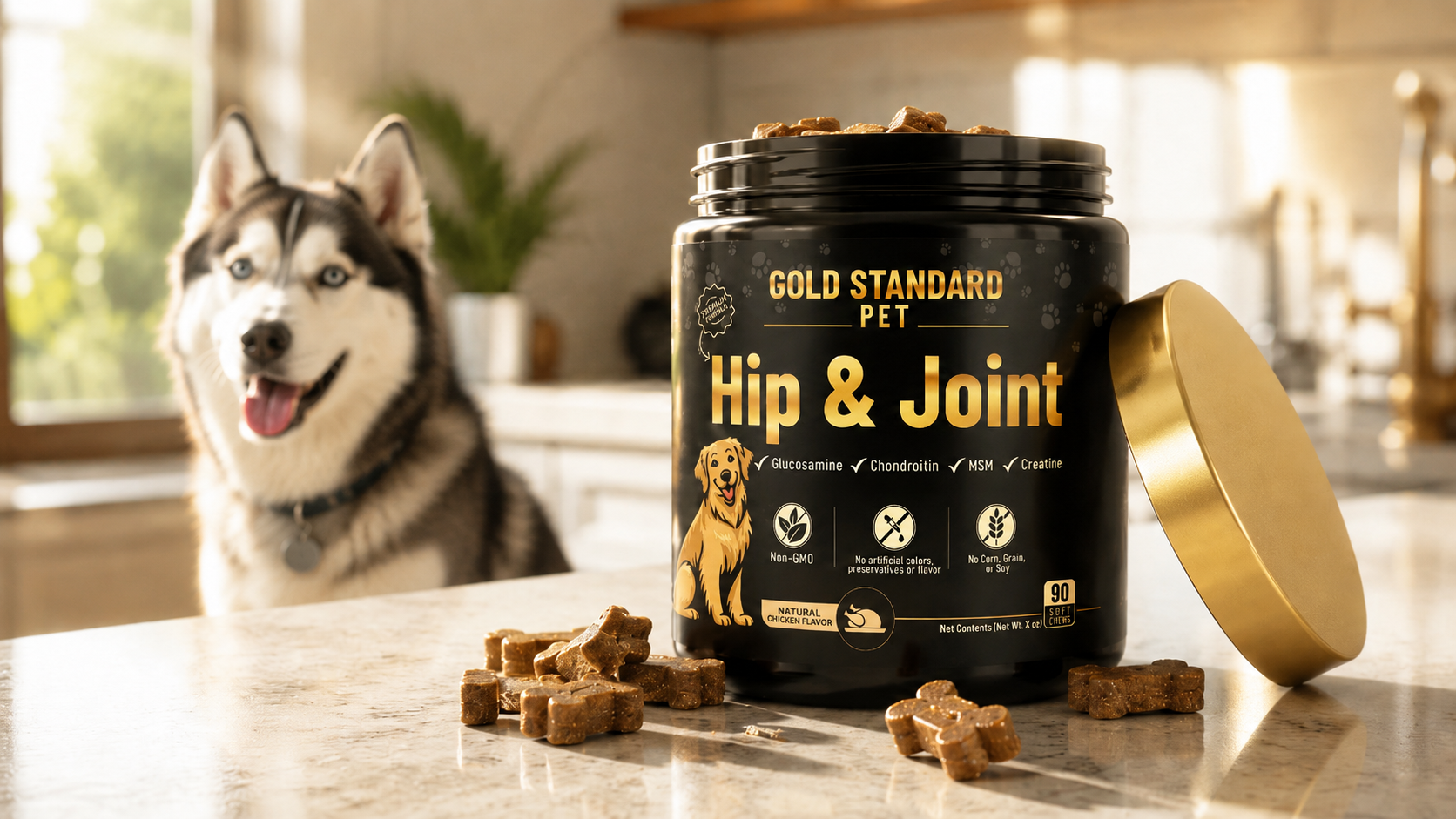 Gold Standard Pet Hip and Joint jar with soft chews and a husky