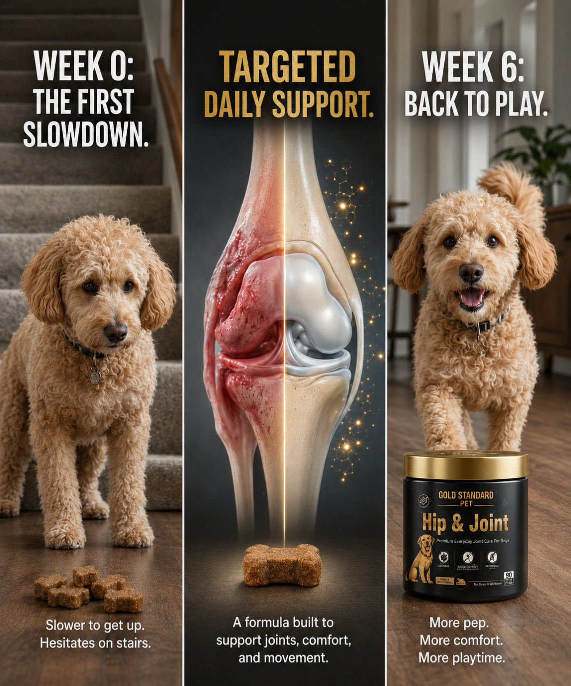 Three-panel Gold Standard Pet mobility story showing first slowdown, daily support, and return to play